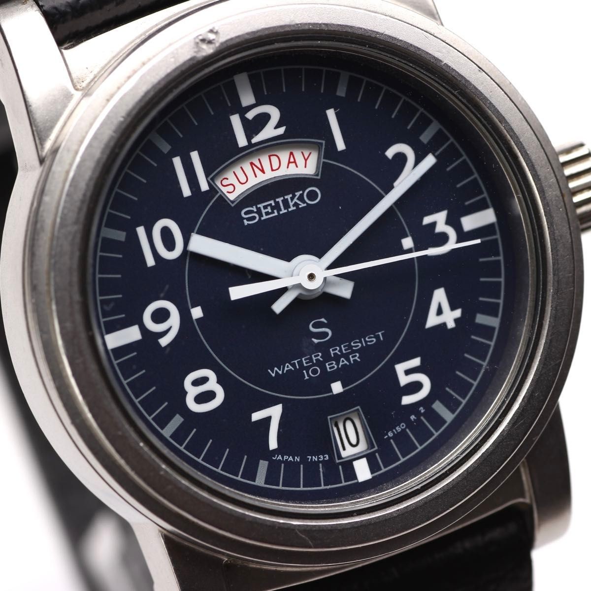 SEIKO SUS Quartz Watch 7N33-6050 Analog Military Navy Dial Stainless Steel 32mm