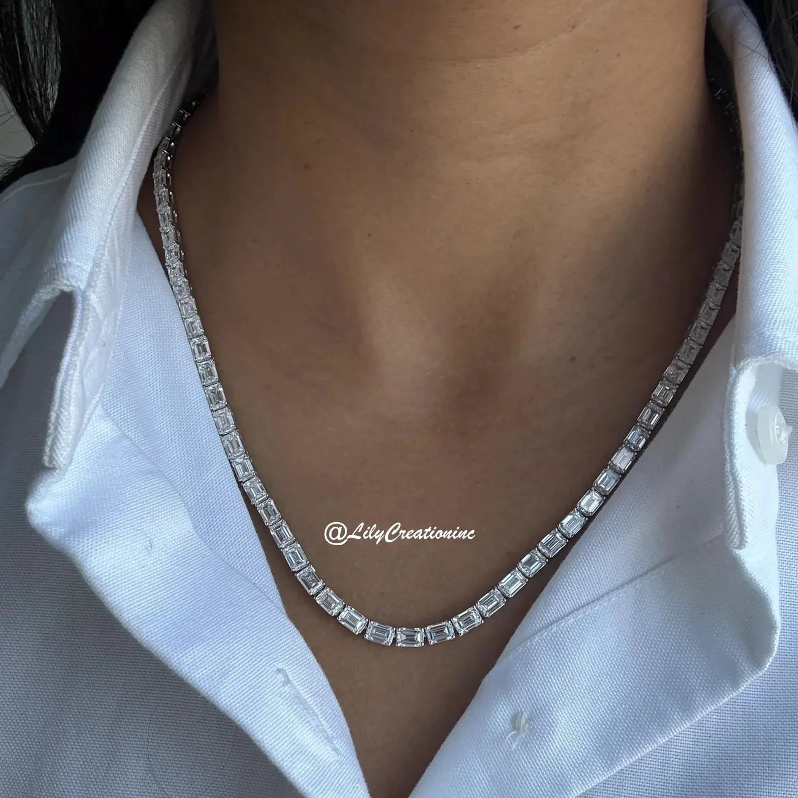 28 Carat Diamond Tennis Necklace 14K White Gold Lab Grown Emerald Cut 15 inch