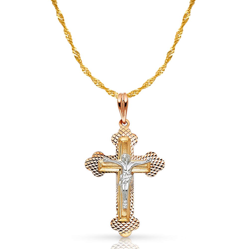 14K Tri Color Gold Crucifix Pendant with 1.2mm Singapore Chain Necklace