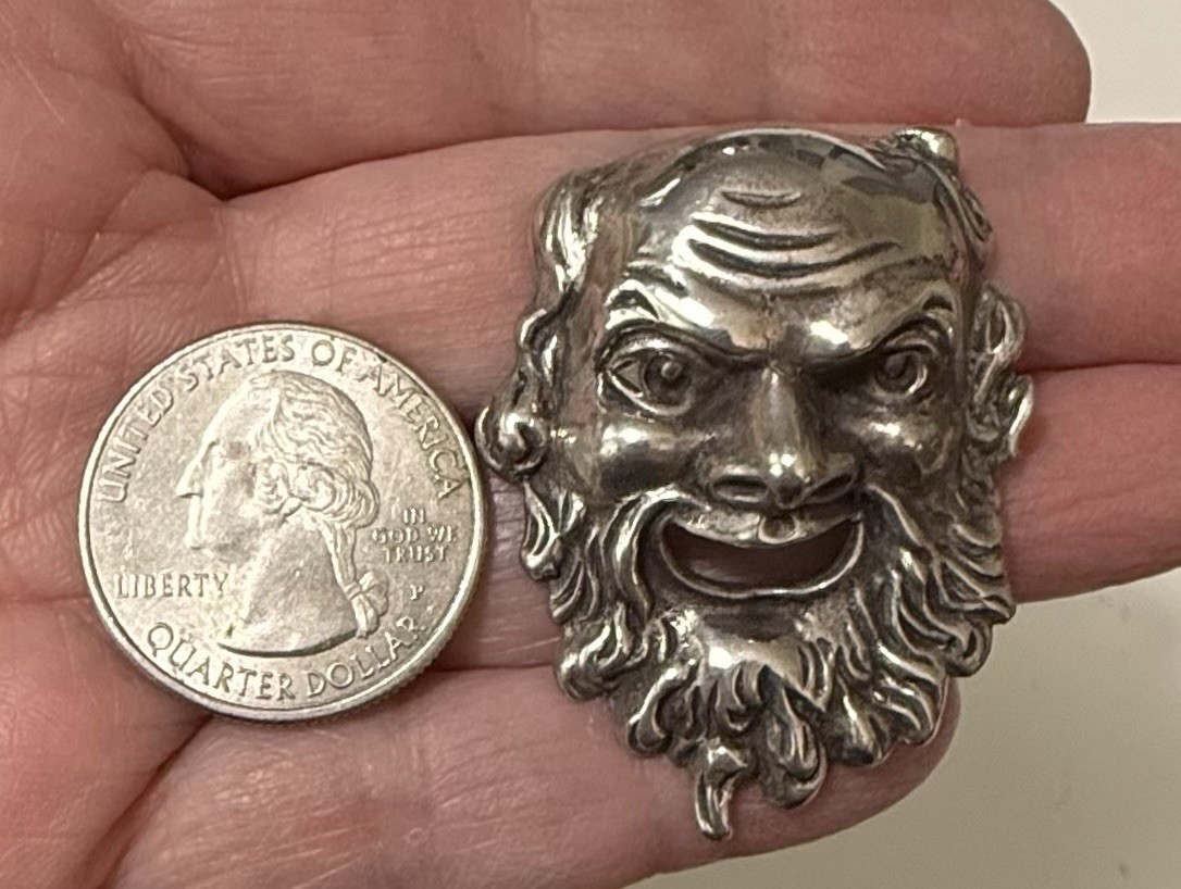 Vintage 835 Silver Dionysus Bacchus God of Wine Revelry Theater Mask Pin Pendant