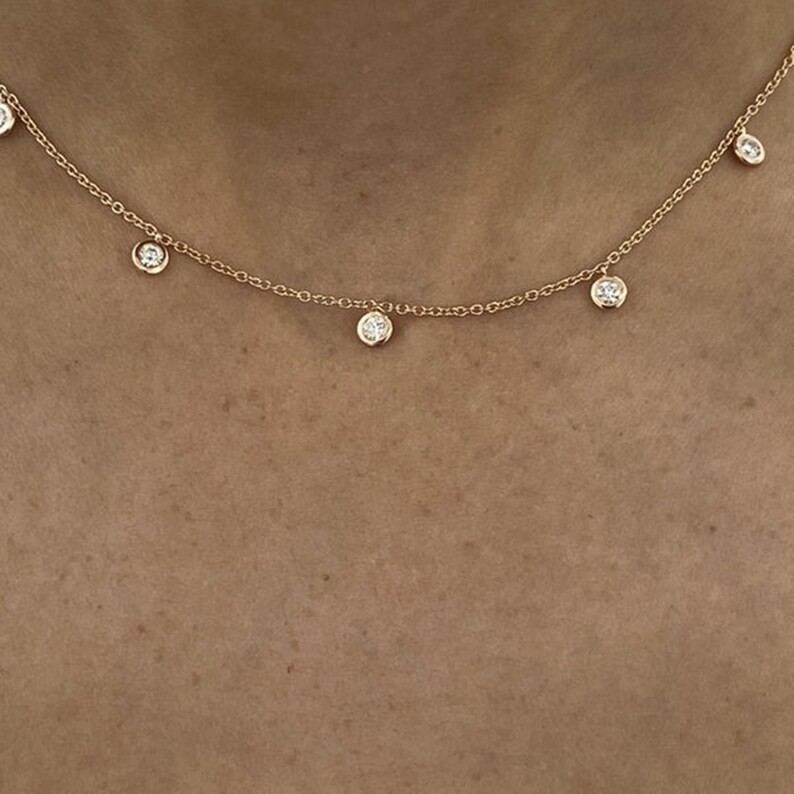 Festival Sale ! Round Natural Bezel Set Diamond Station Necklace 14k Yellow Gold