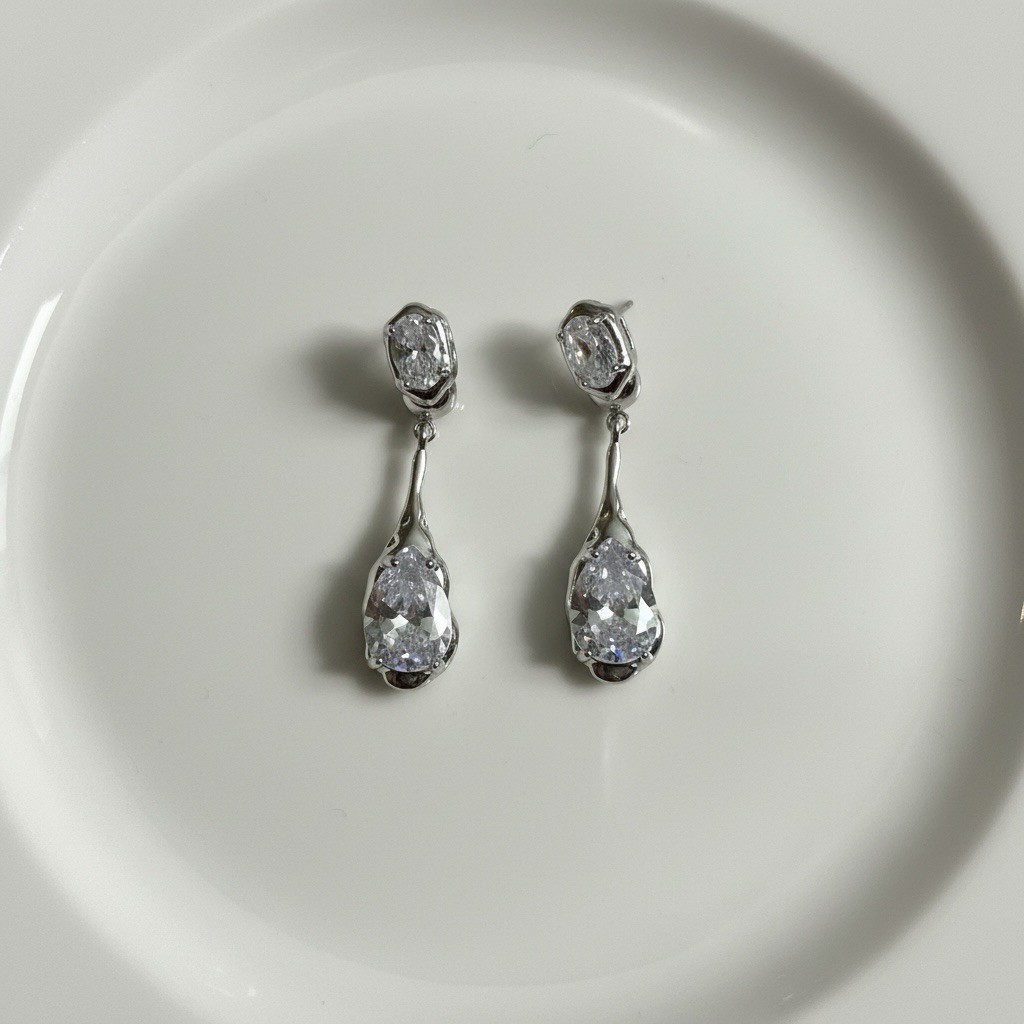 Molten Silver Teardrop Earrings Crystal Oval Stud Geometric Liquid Metal Drop CZ