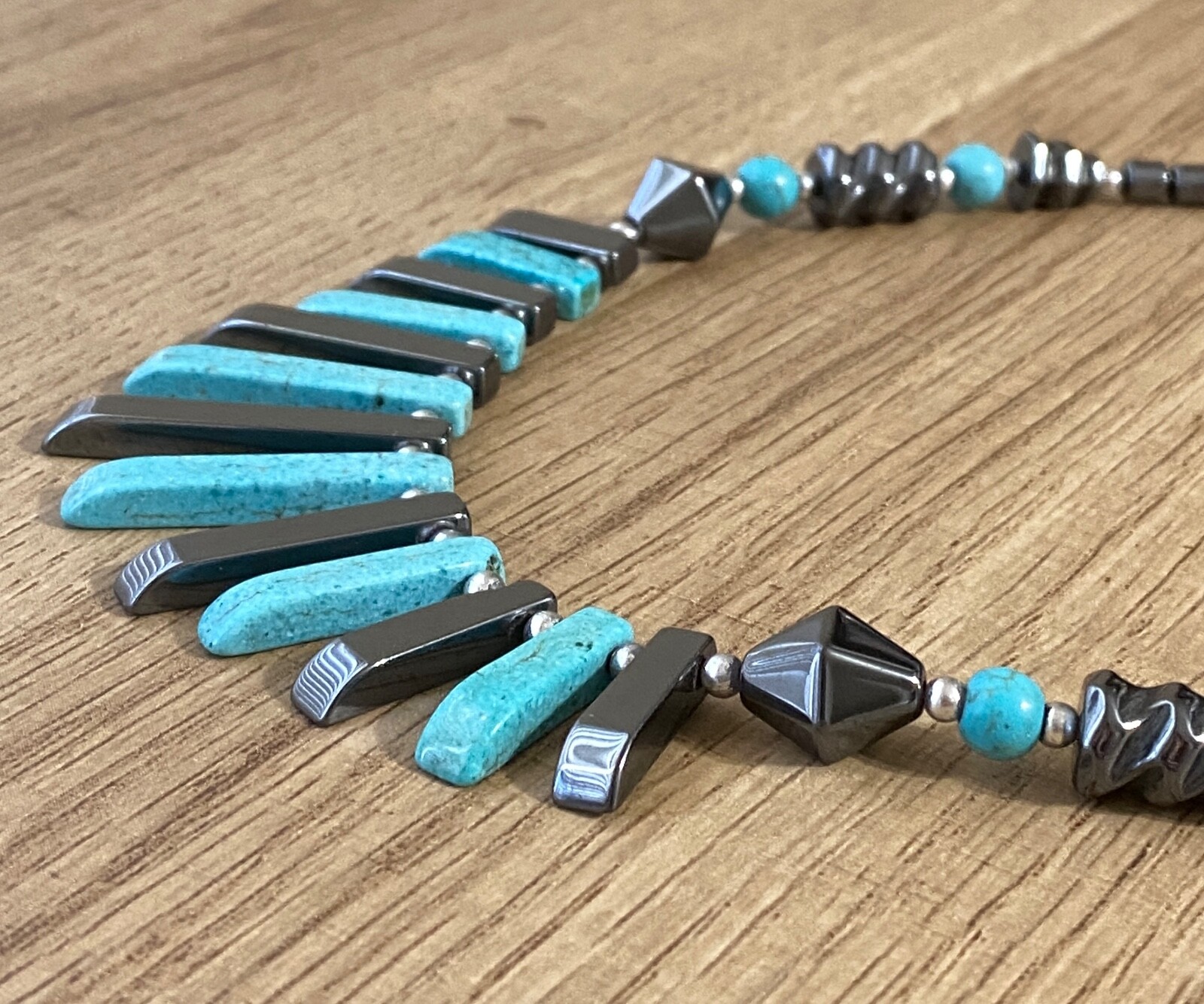 Vintage Turquoise Blue Dyed Gemstone Bib Necklace Carved Polished Shiny Fringe