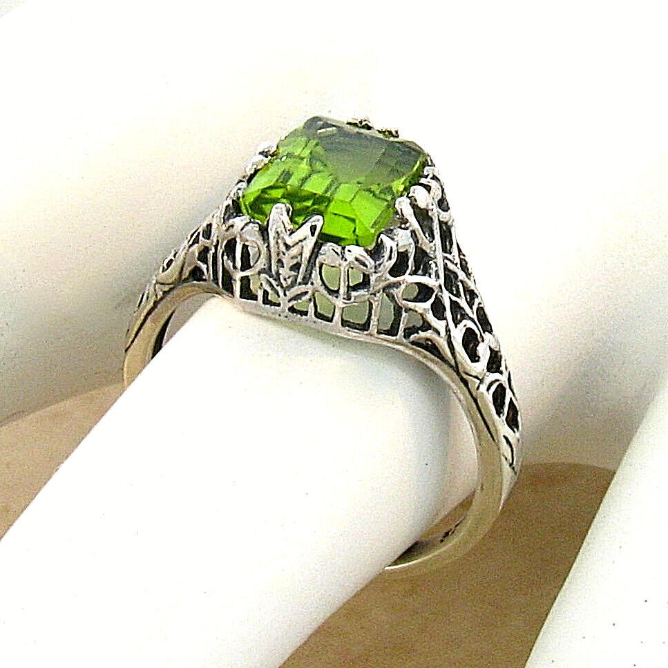 GENUINE 1.50 CARAT PERIDOT 925 STERLING SILVER ANTIQUE STYLE FILIGREE RING 746Z