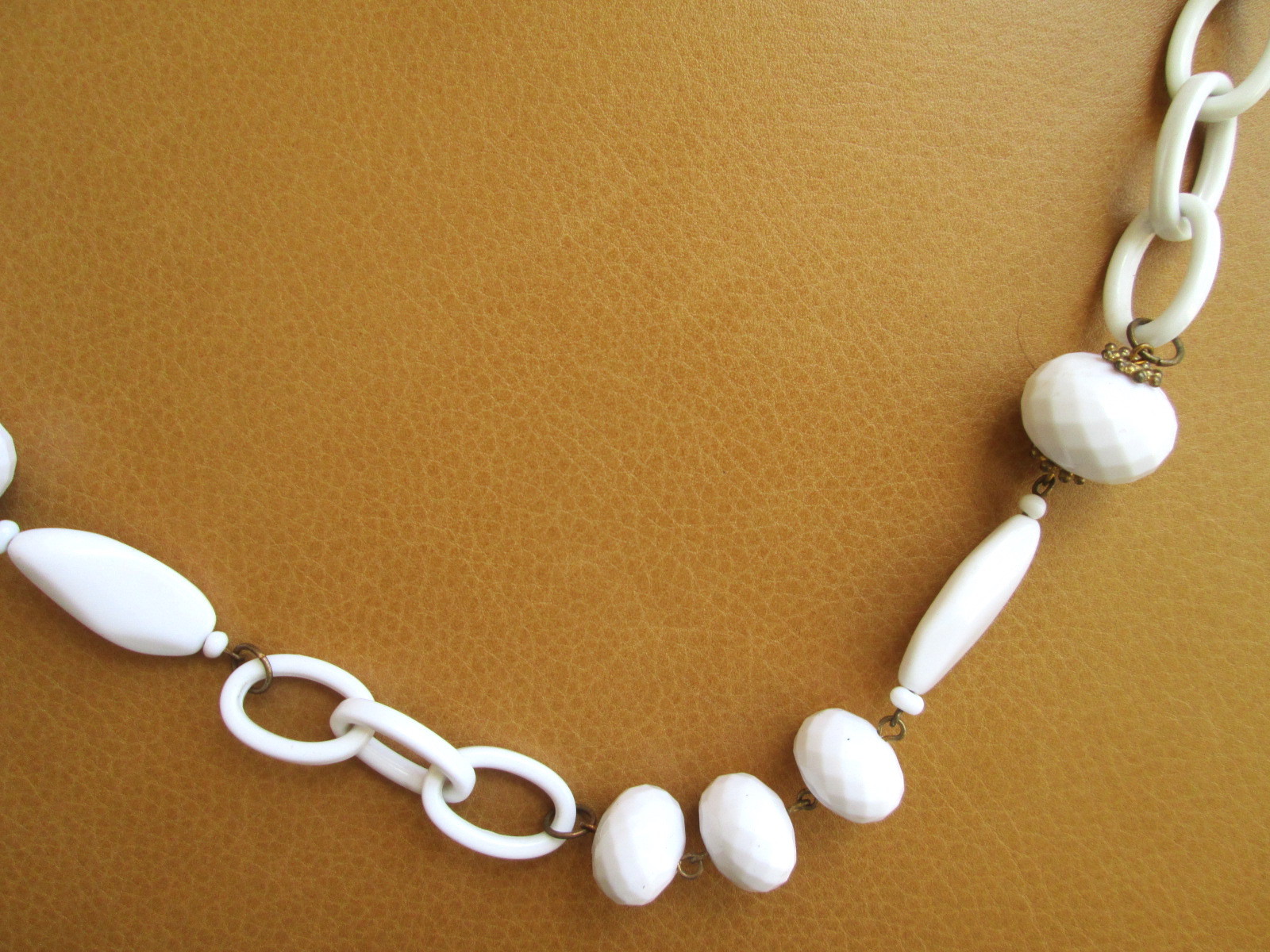 All White Bead Necklace ~Strand plastic diff shapes 7 sizes of beads,14″ length