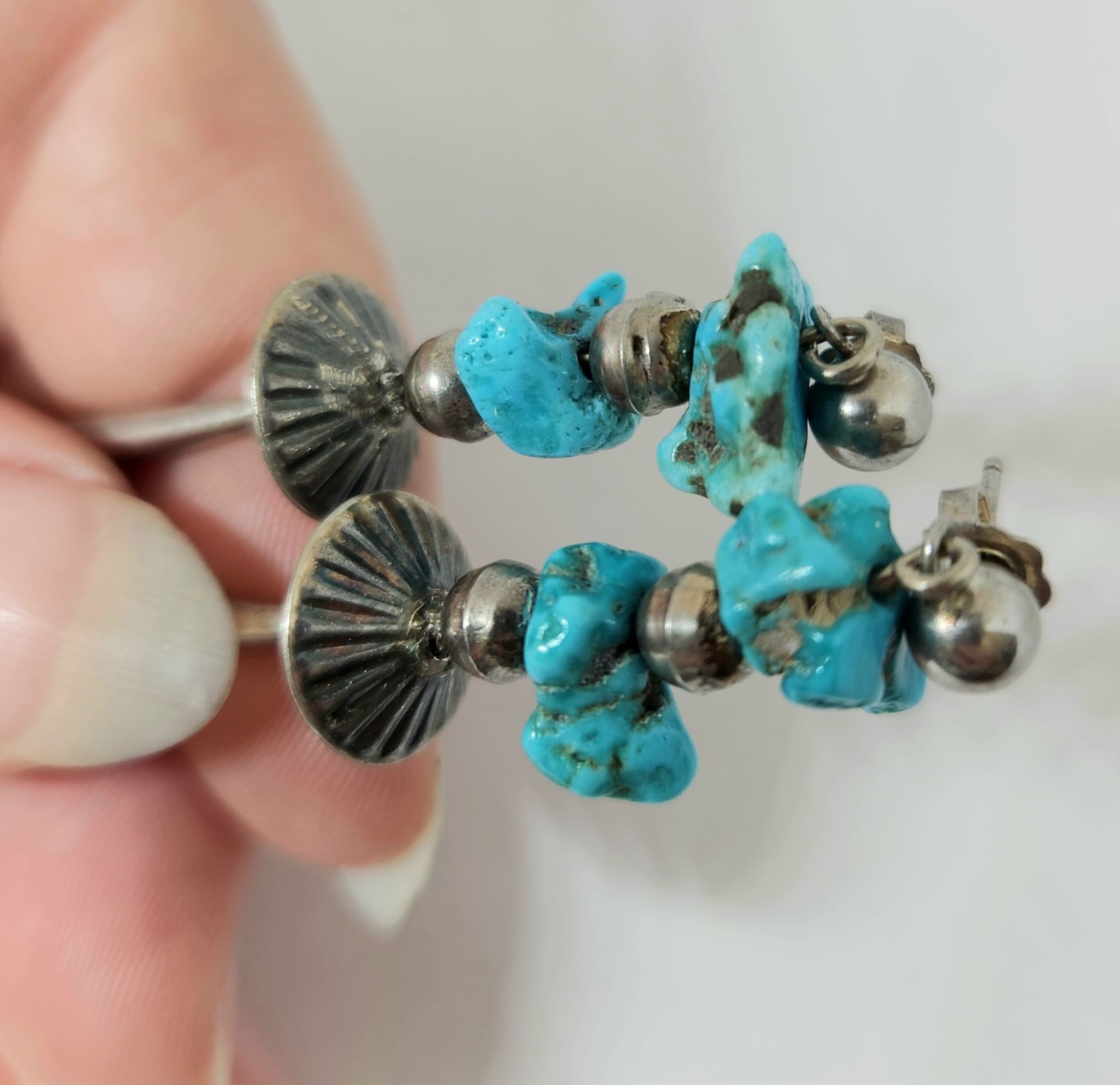 3.25″ Long! Old Pawn Vintage Sterling Silver Turquoise Squash Blossom Earrings