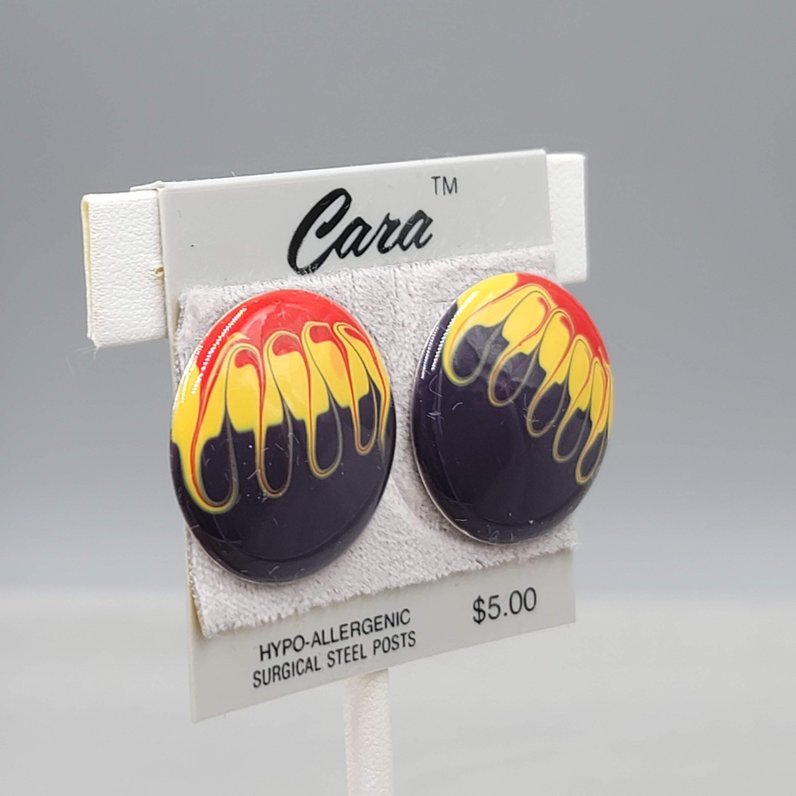 Vintage Black Yellow Red Round Enamel Cara Pierced Earrings NOS Prop 1″