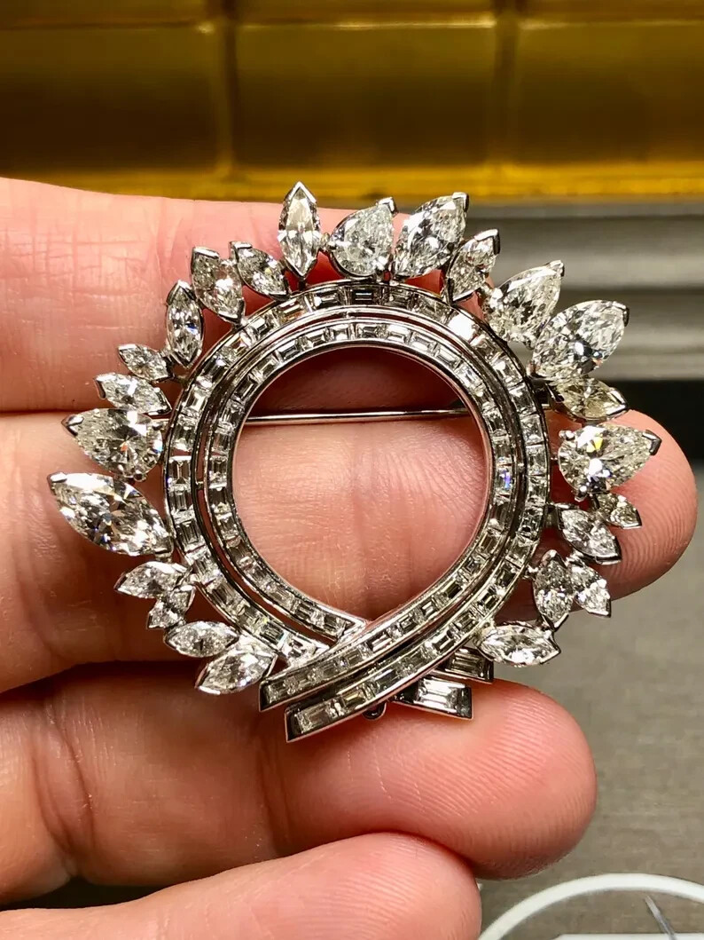 Elegant Vintage Brooch Pin 3 Ct Marquise Simulated Diamond 14k White Gold Plated