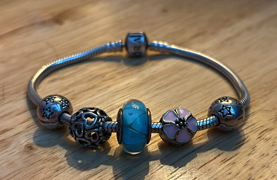 PANDORA 925 Sterling Silver Snake Chain Charm Bracelet w/ Murano Glass Beads
