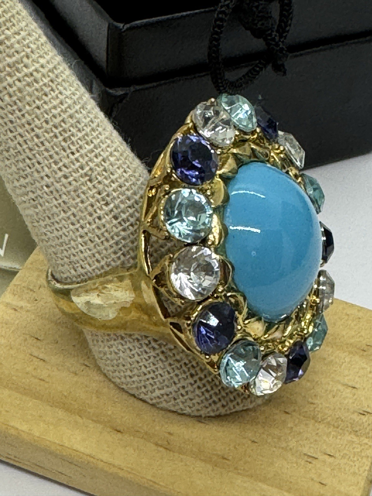 Badgley Mischka Turquoise Blue Clear Rhinestone Cocktail Ring Size 10