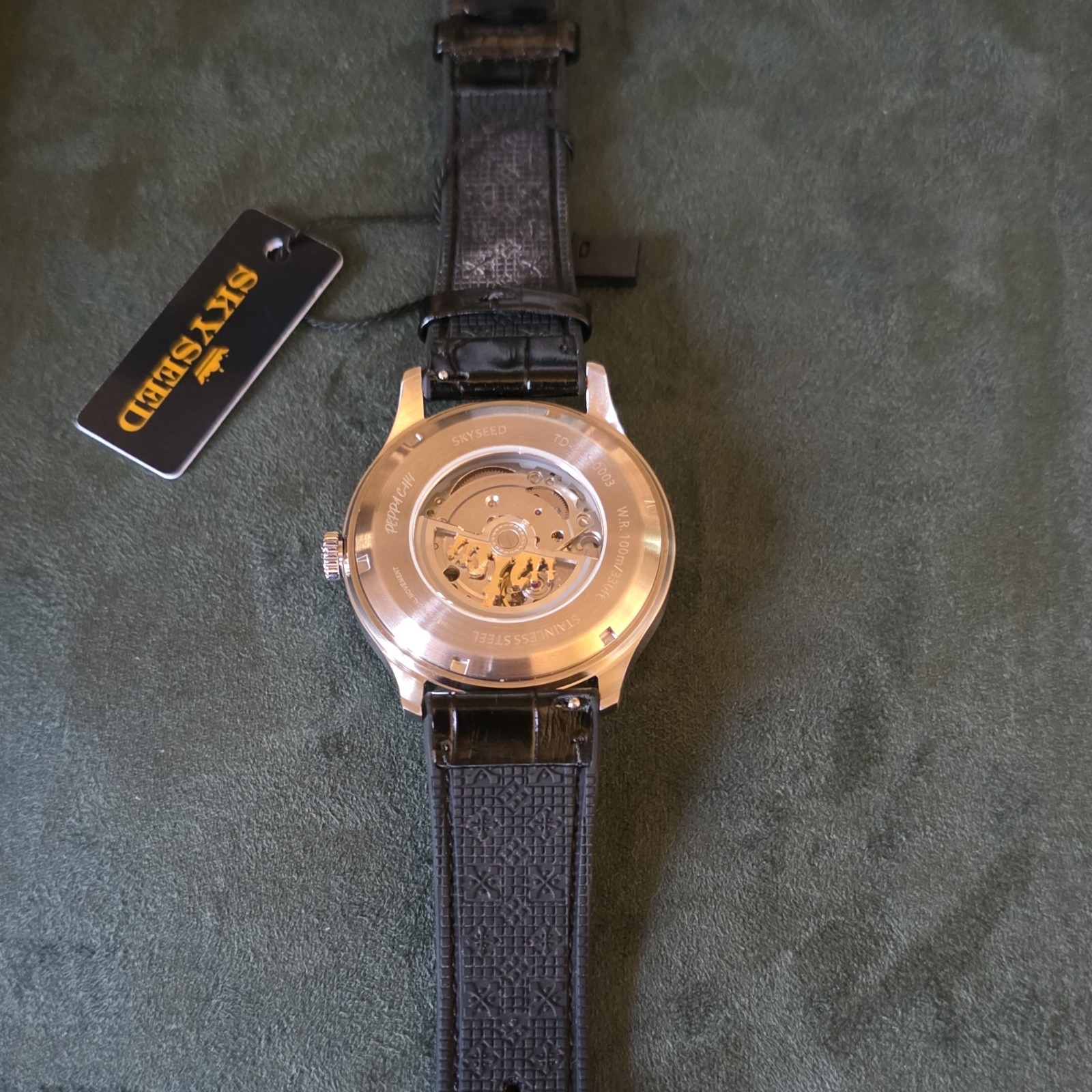 SKYSEED Diamond Pattern Silver Dial Automatic Men’s Luxury Watch Black Leather