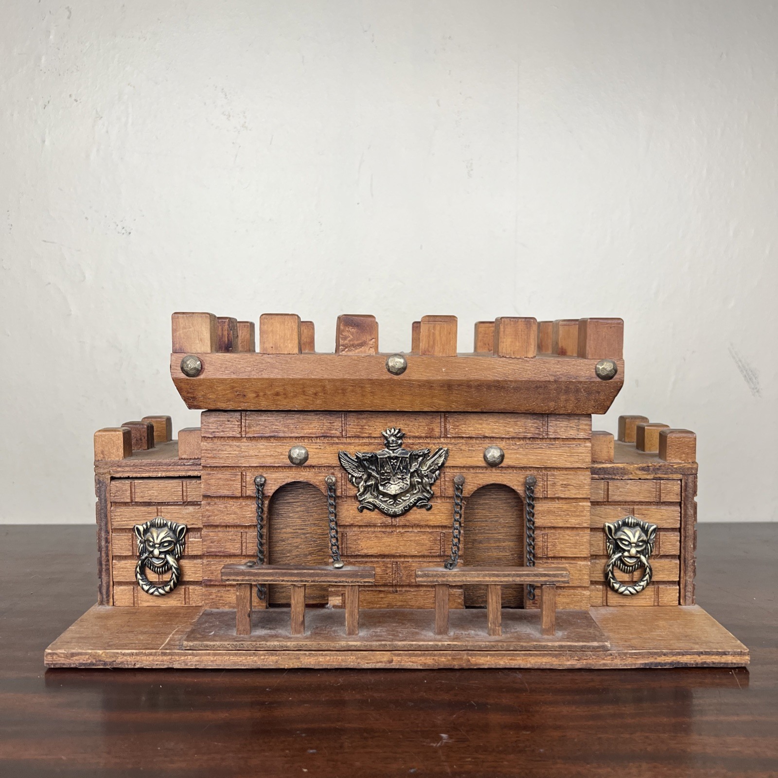 VTG Mid Century Castle Wooden Jewelry Box Red Velvet Lined 13.5″ Medieval Patina