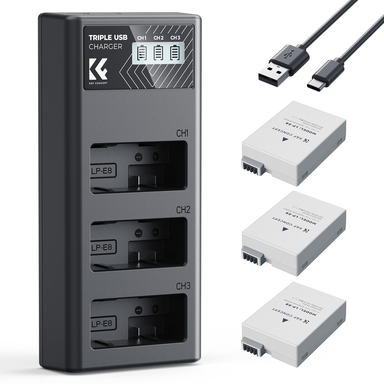 K&F CONCEPT 3-Pack LP-E8 Battery and Upgraded LCD Charger Compatible with…
