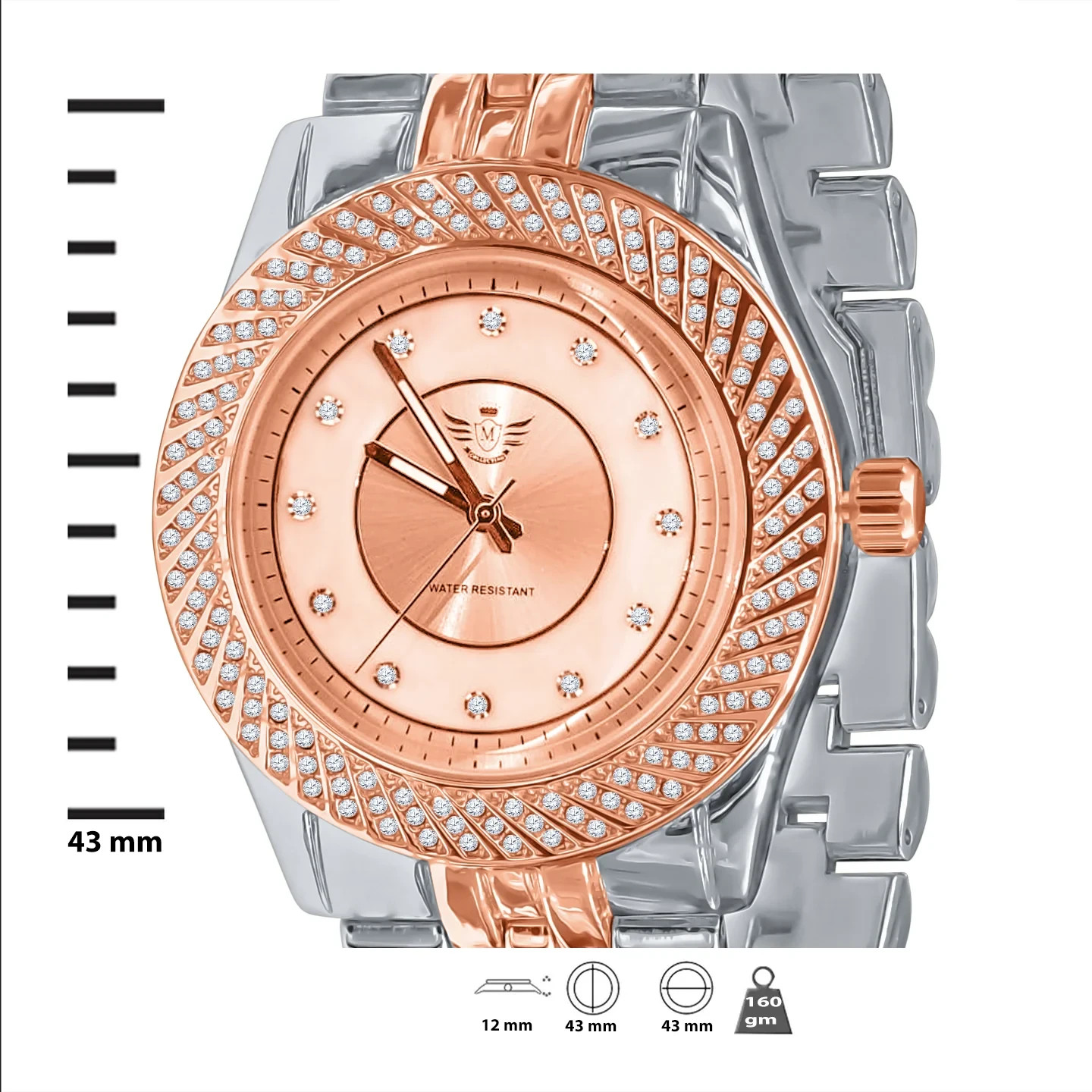 Mens Iced Out Watch Rose Gold Silver Two Tone Crystal Bezel Quartz 43mm