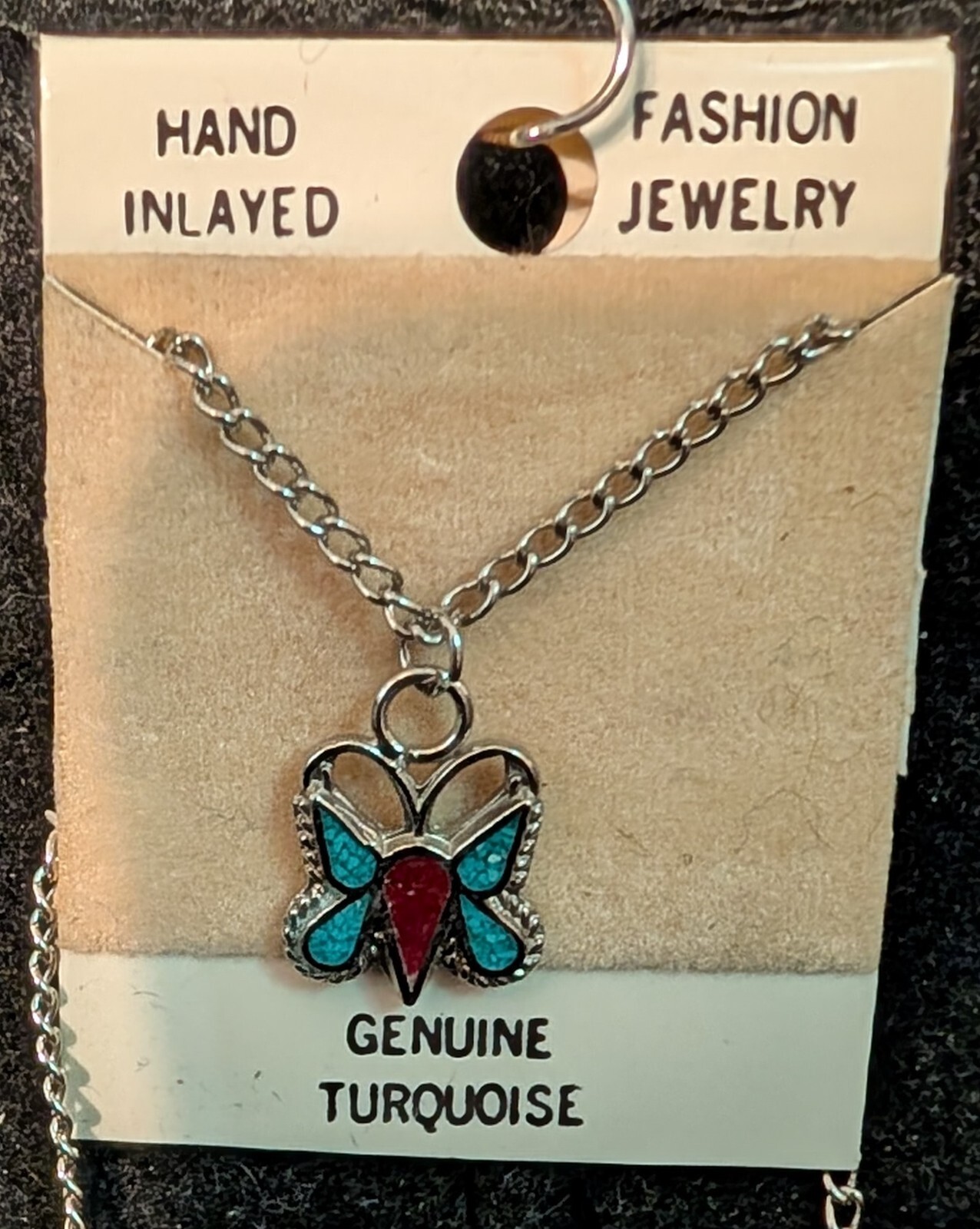Vintage Nickle Silver Necklace Butterfly Resin Filled Turq. & Red Coral Sz 1/2″