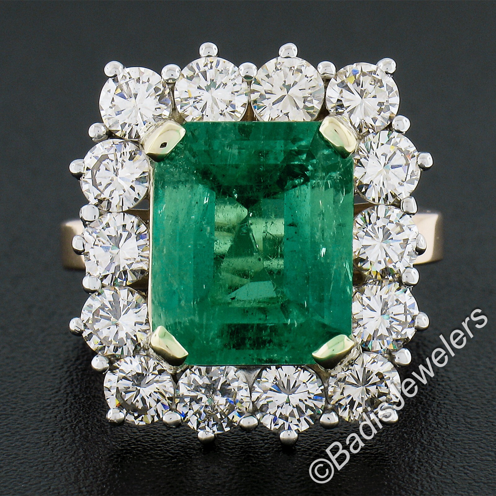 Vintage 18k Gold 7.83ctw AGL Colombian Emerald & Diamond Halo Cocktail Ring