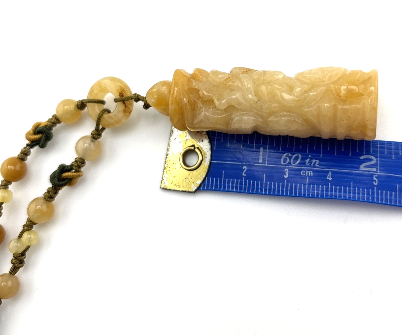Macrame Genuine Carved Yellow Jadeite Necklace Adjustable Slide Knot 2″ Pendent