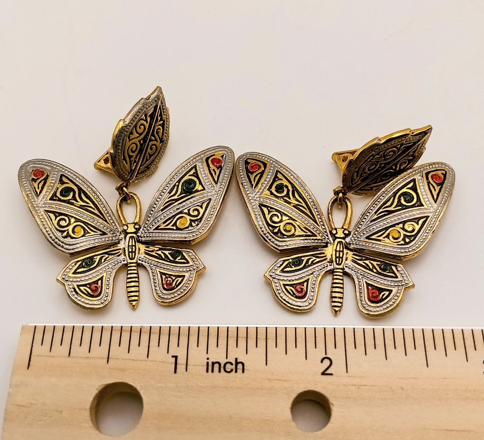 Vintage Toledo Spain Damascene Butterfly Earrings Large Statement Enamel Clip On