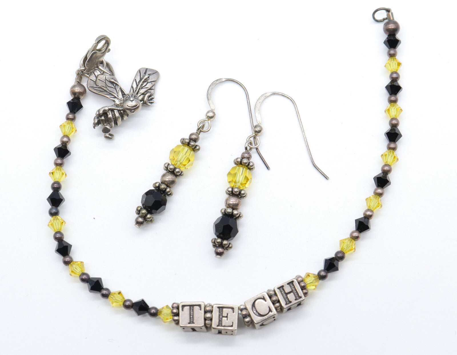 Sterling Silver Georgia Tech Yellow Jacket Bee Beaded Charm Bracelet & Earrings