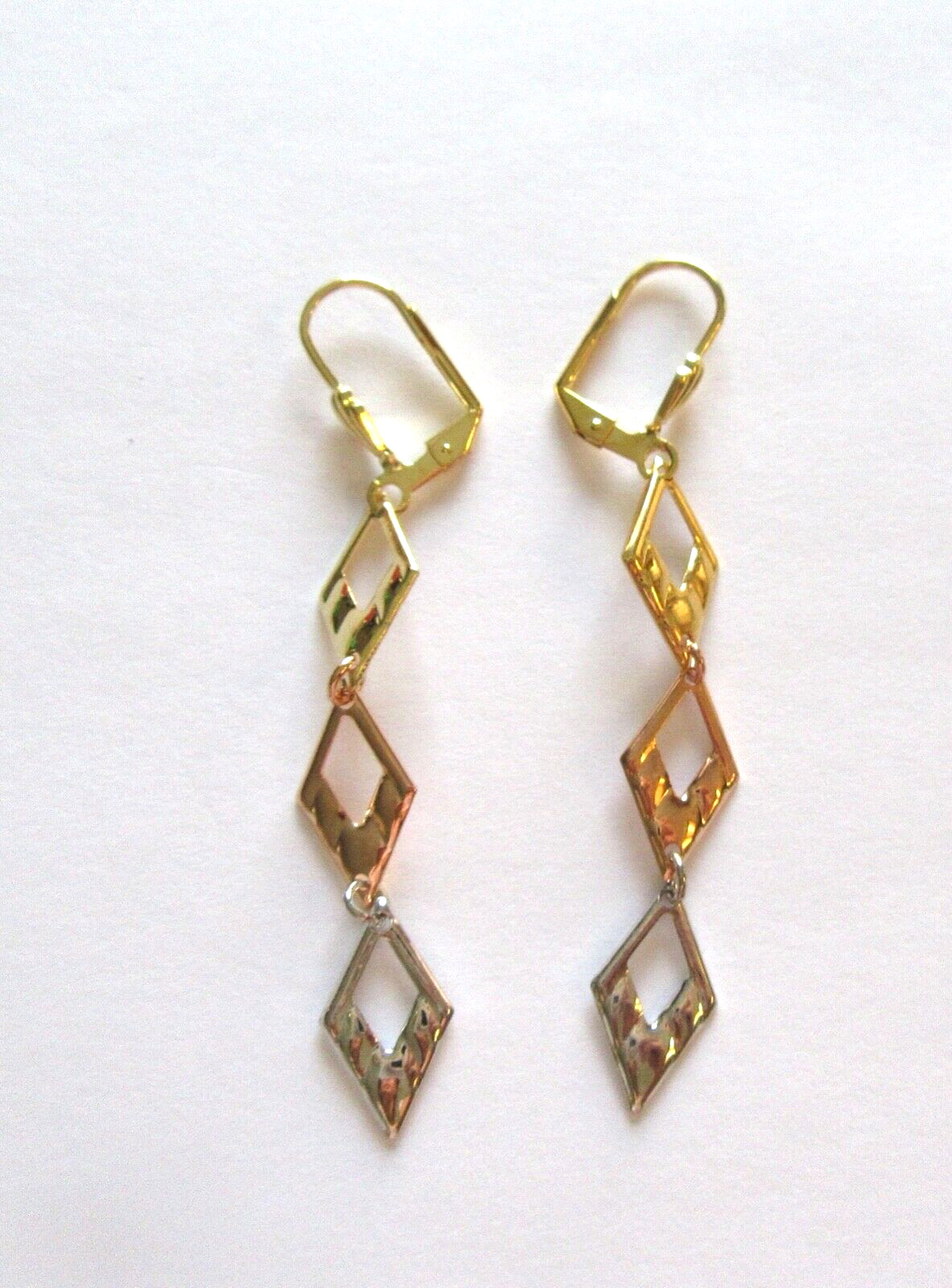 Fashion Earrings 18K gold plate- long diamond shape- yellow, rose & white gold