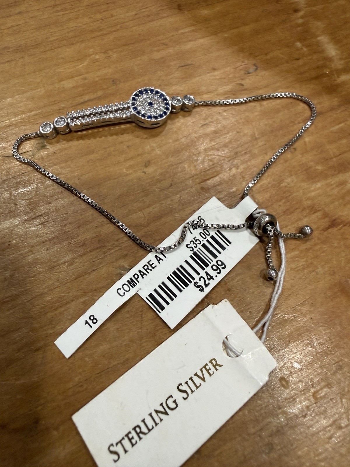 NWT Sterling Silver 925 Blue Evil Eye Adjustable Slider Bracelet CZ Gift New