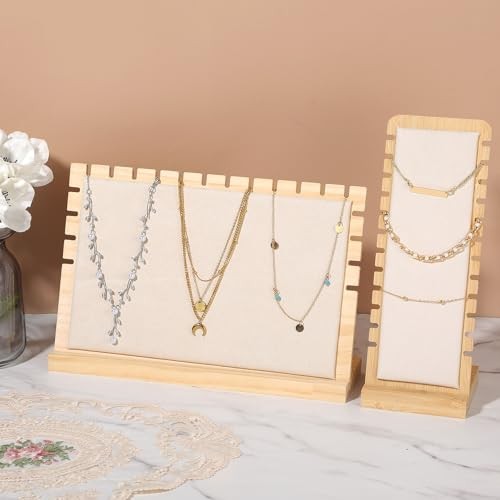 4PCS Bamboo Wood 12-Slot Necklace Display Stands with Beige Velvet, Permanent