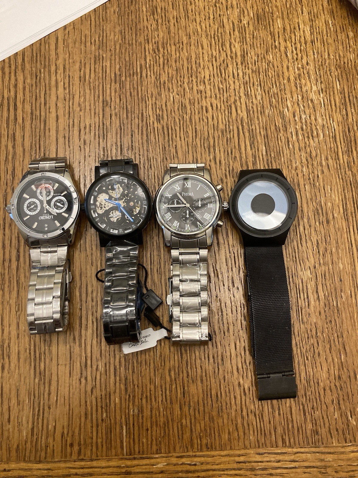 Lot of 4 Men’s Watches Skeleton Mechanical Wind Up Longbo Prema Parts Repair