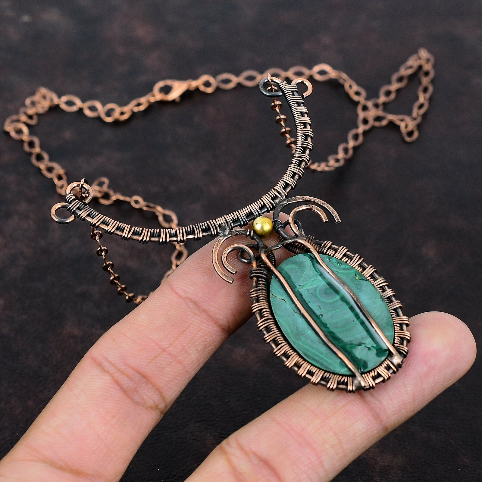 Russian Malachite Copper Love Gift Wire Wrapped Adjustable Necklace 18.0″