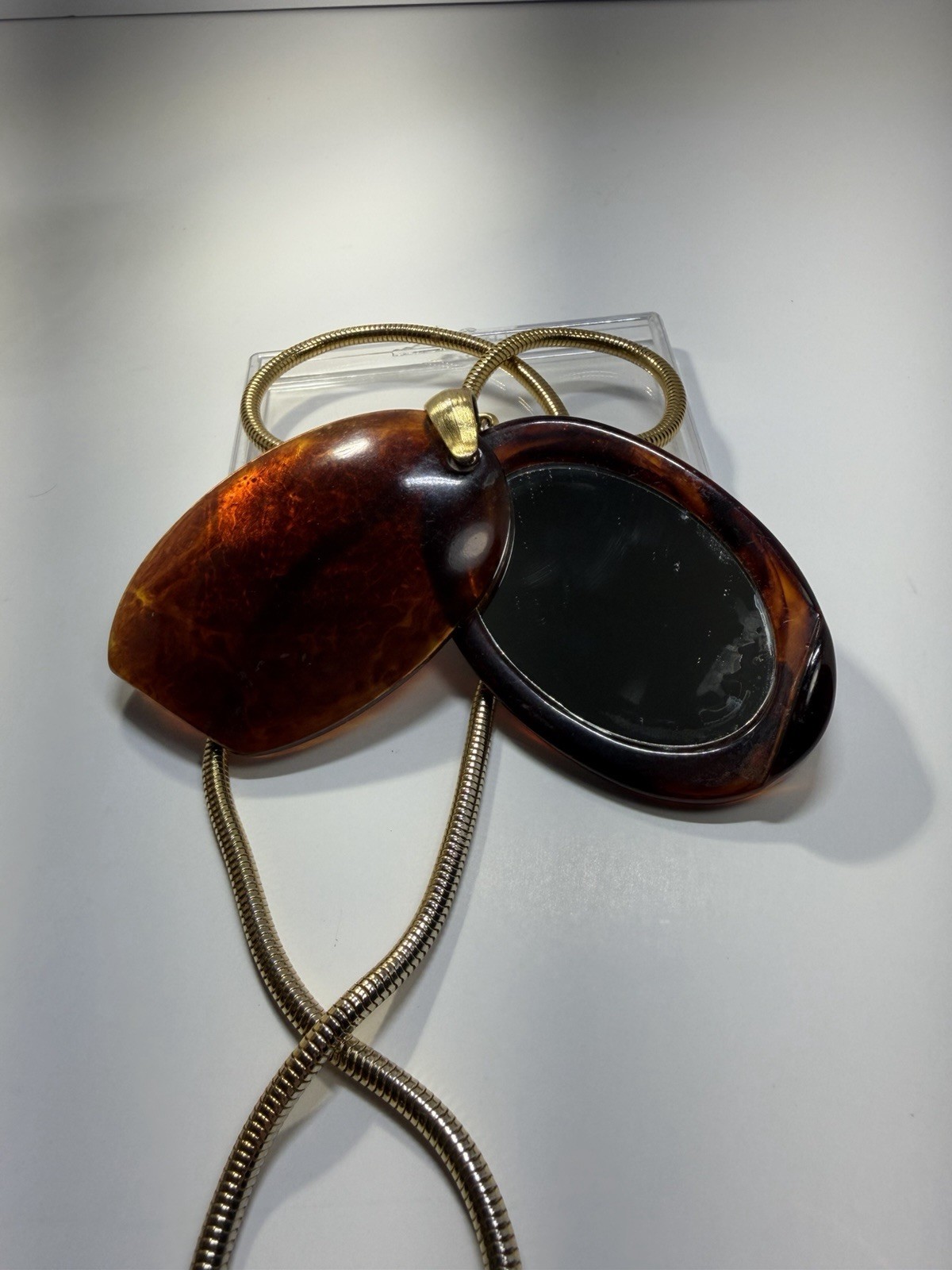 Vintage Tortoise Lucite Compact Mirror H&S Originals Gold Tone Snake Necklace