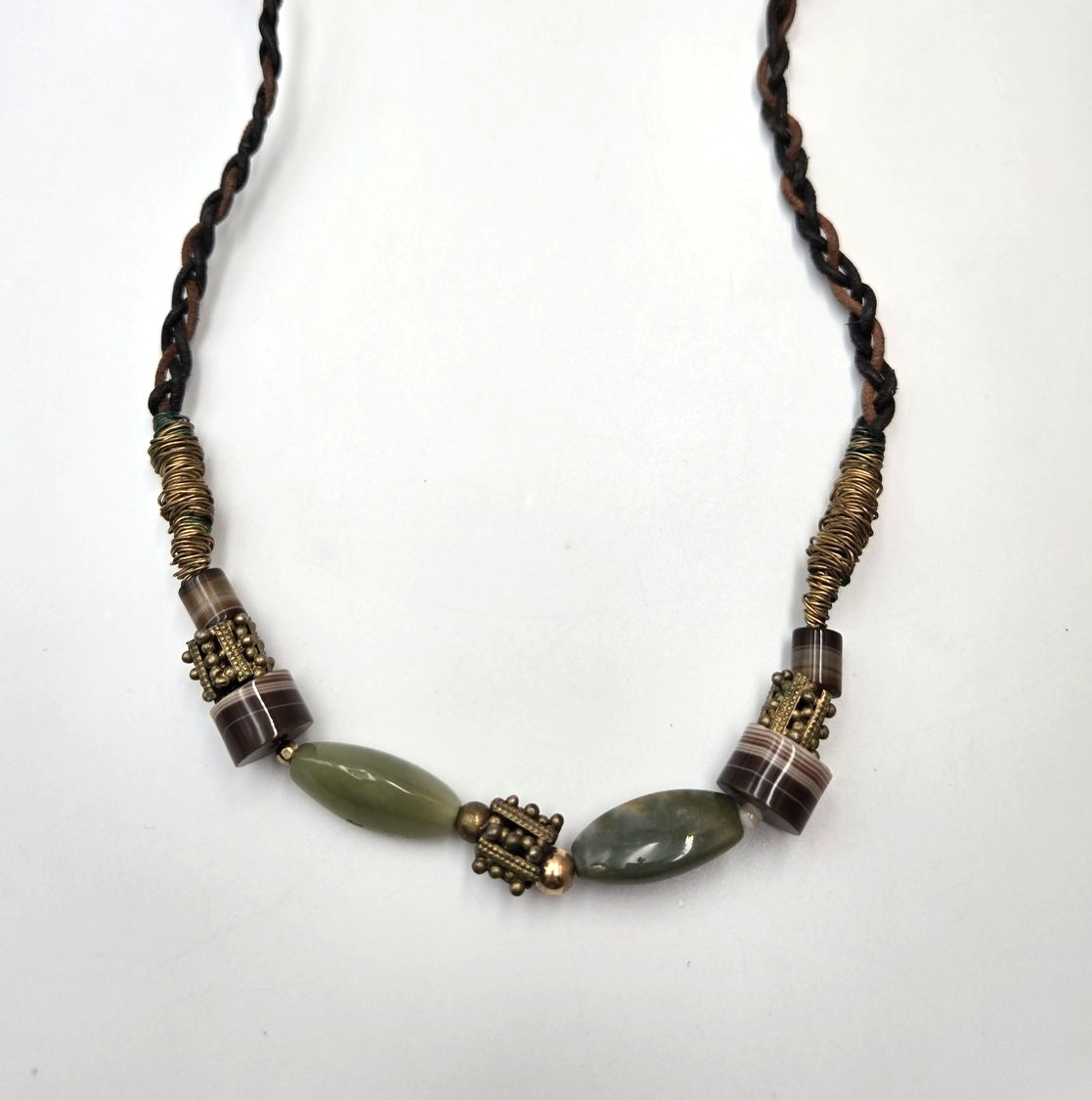 Boho Banded Agate style Brass color Beaded Braided Necklace western tribal 134