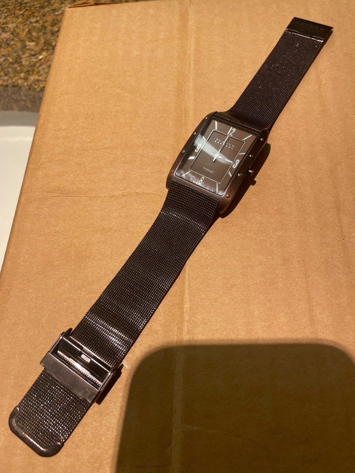 Skagen Titanium Tank Brown mesh, new batt. ultra-thin square case 338LTMD 3 atm