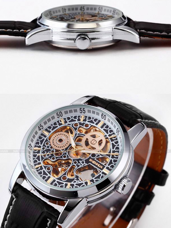 SHENHUA Skeleton Automatic Round Face Stainless Steel Leather Strap Watch