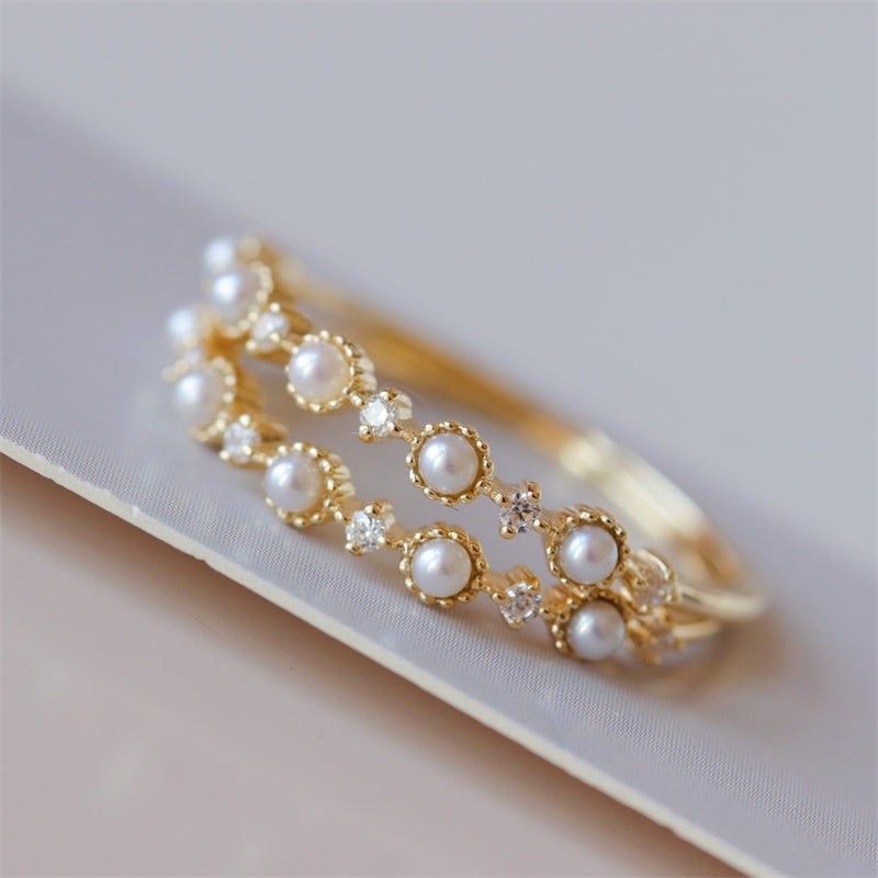 Dainty Gold Pearl Stacking Ring in 925 Sterling Silver