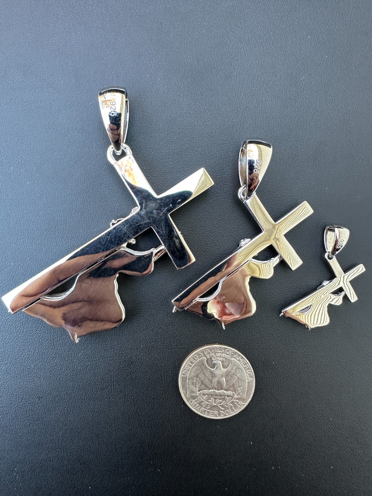 Jesus Carrying Cross Plain Crucifix Pendant Necklace 925 Sterling Silver 3 Sizes