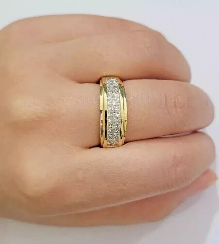 925 Silver Princess Simulated Diamond Wedding Band Ring 14K Yellow Gold Plated