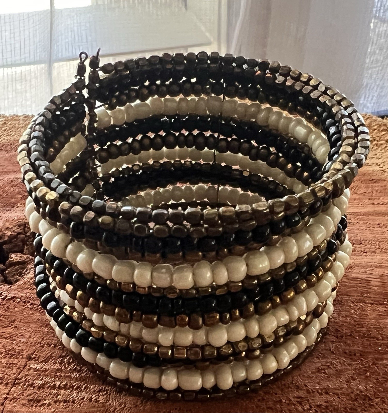 Boho Multi Strand Beaded Memory Wire Cuff Bracelet Black Cream Bronze