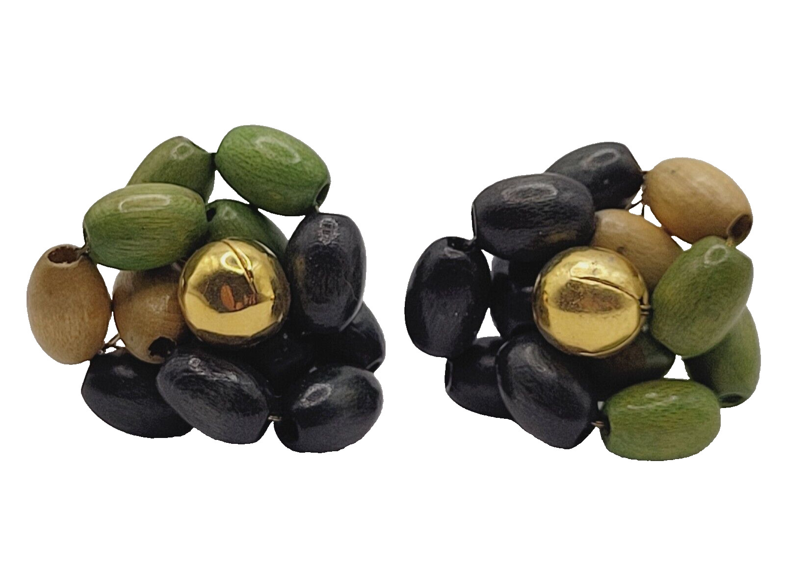 Hand Beaded Wood Bead Olive Black Tan Oval Cluster MCM 1950s Screw Back Earrings