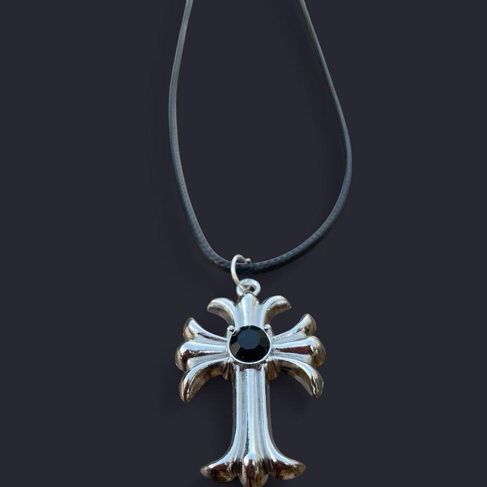 Handmade Y2K Punk Silver Black Cross Gothic pendant PU leather necklace