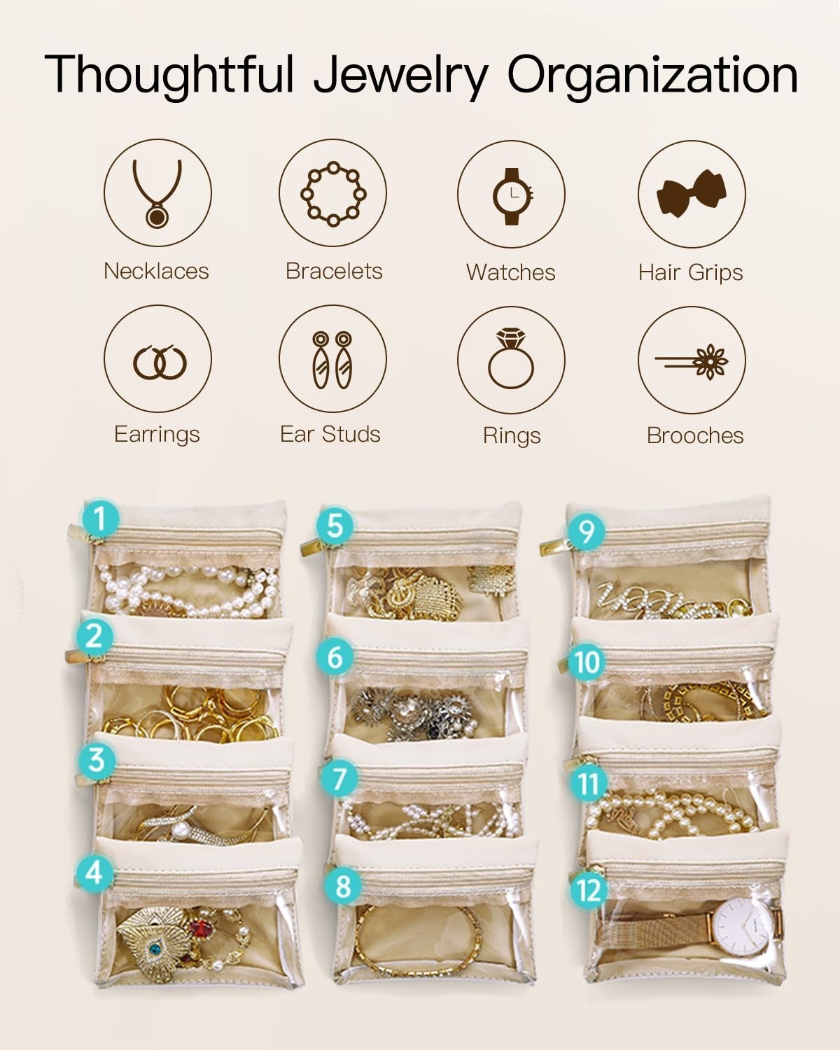 Travel Jewelry Organizer Case with 12 Velvet Pouches – Necklace, Rings, Earrings