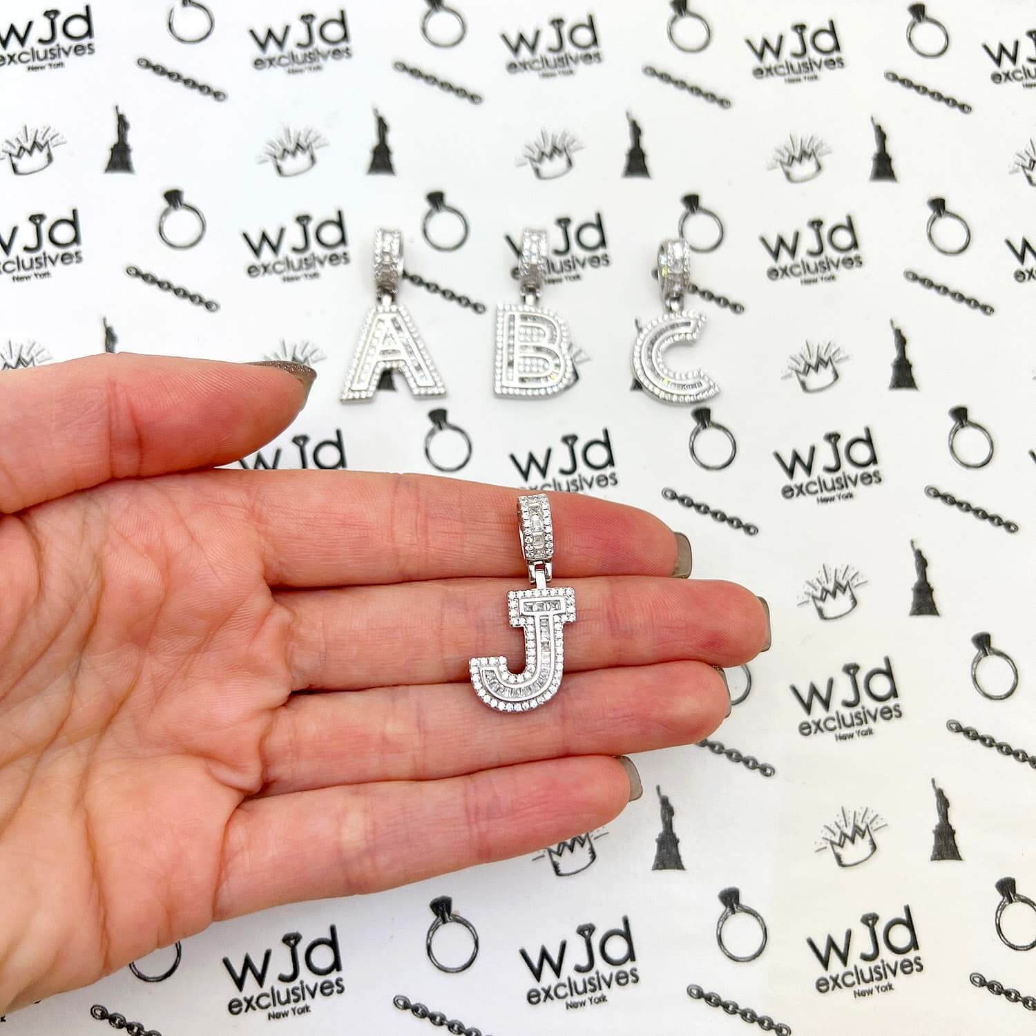 18K White Gold Over Silver CZ Initial Letter Charm Pendant 1.2″