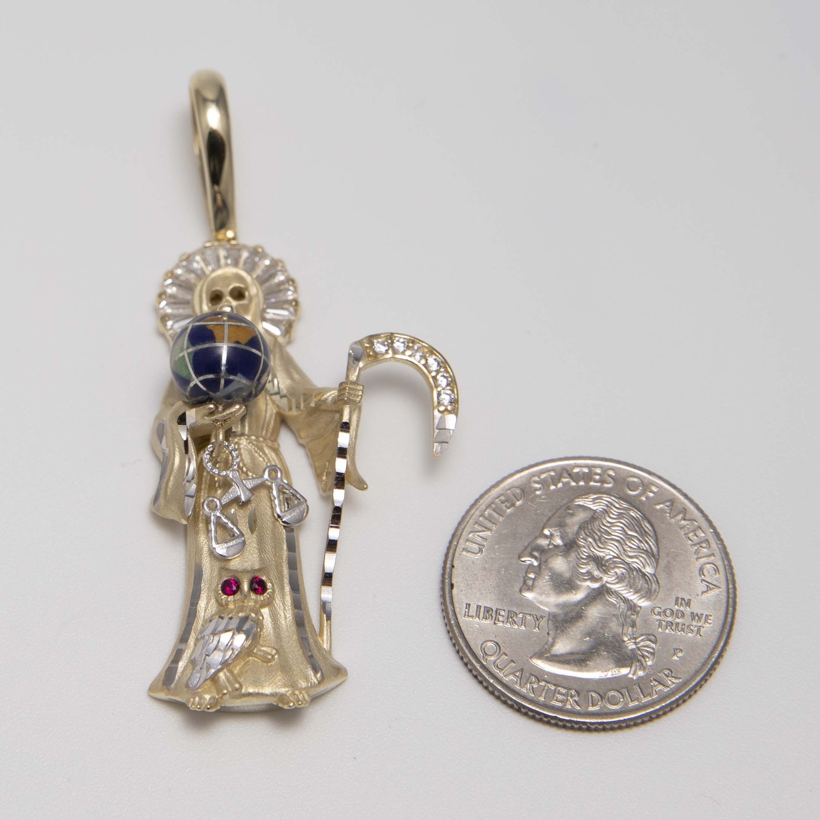 2 1/4″ Halo Santa Muerte Angel of Death Pendant Solid Real 10K Yellow White Gol