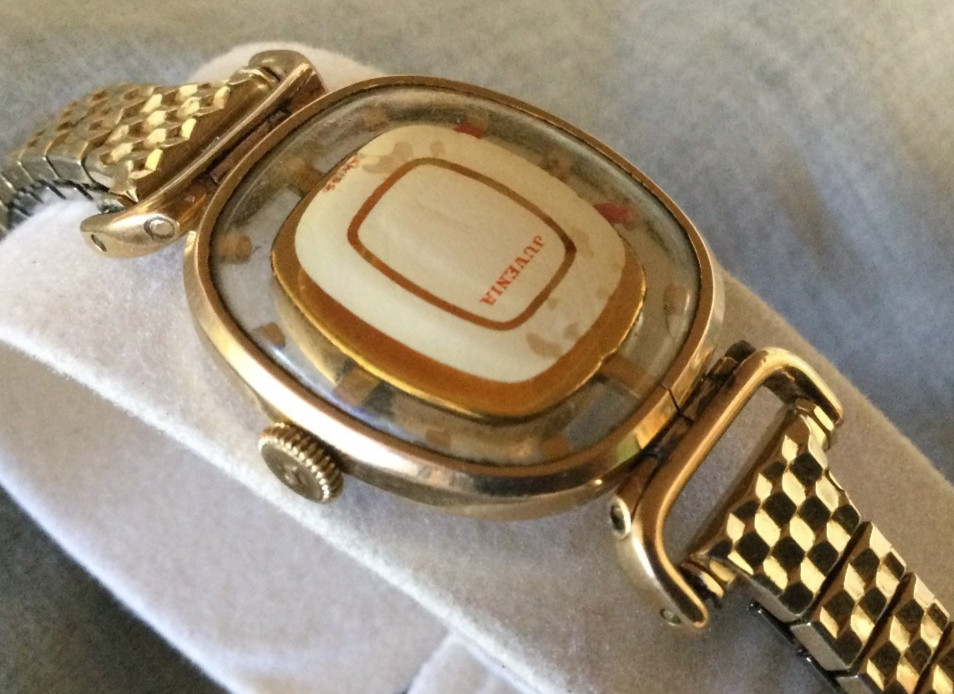 Vintage Juvenia Swiss Skeleton Mystery Watch 17 Jewels Speidel Band 10 K GF Caps