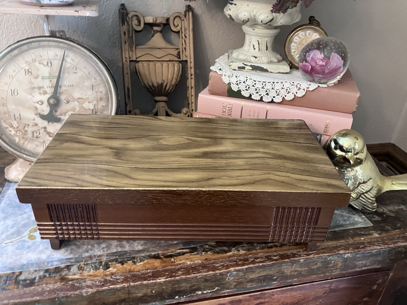 Vintage MCM Mid Century Modern Wood Jewelry Music Box Men’s Lacquer Top 60/70’s
