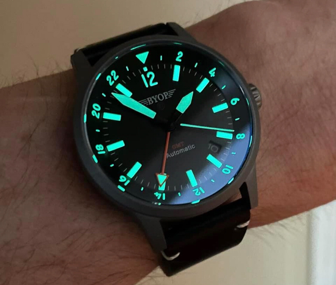 BYOP Meridian Titanium GMT (orange) Pilot Watch Seiko Automatic Sapphire C3 Lume