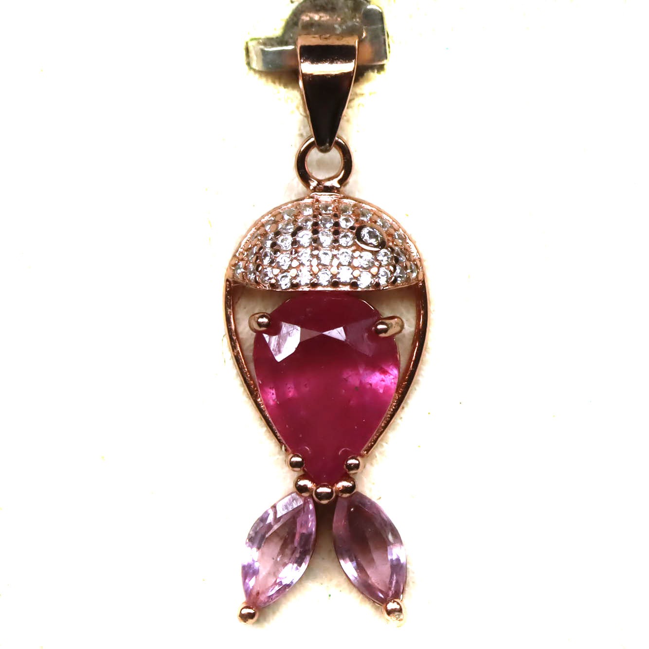 925 Sterling Silver 7 x 9 mm. Red Ruby, Amethyst & Zircon Pendant Rose Gold