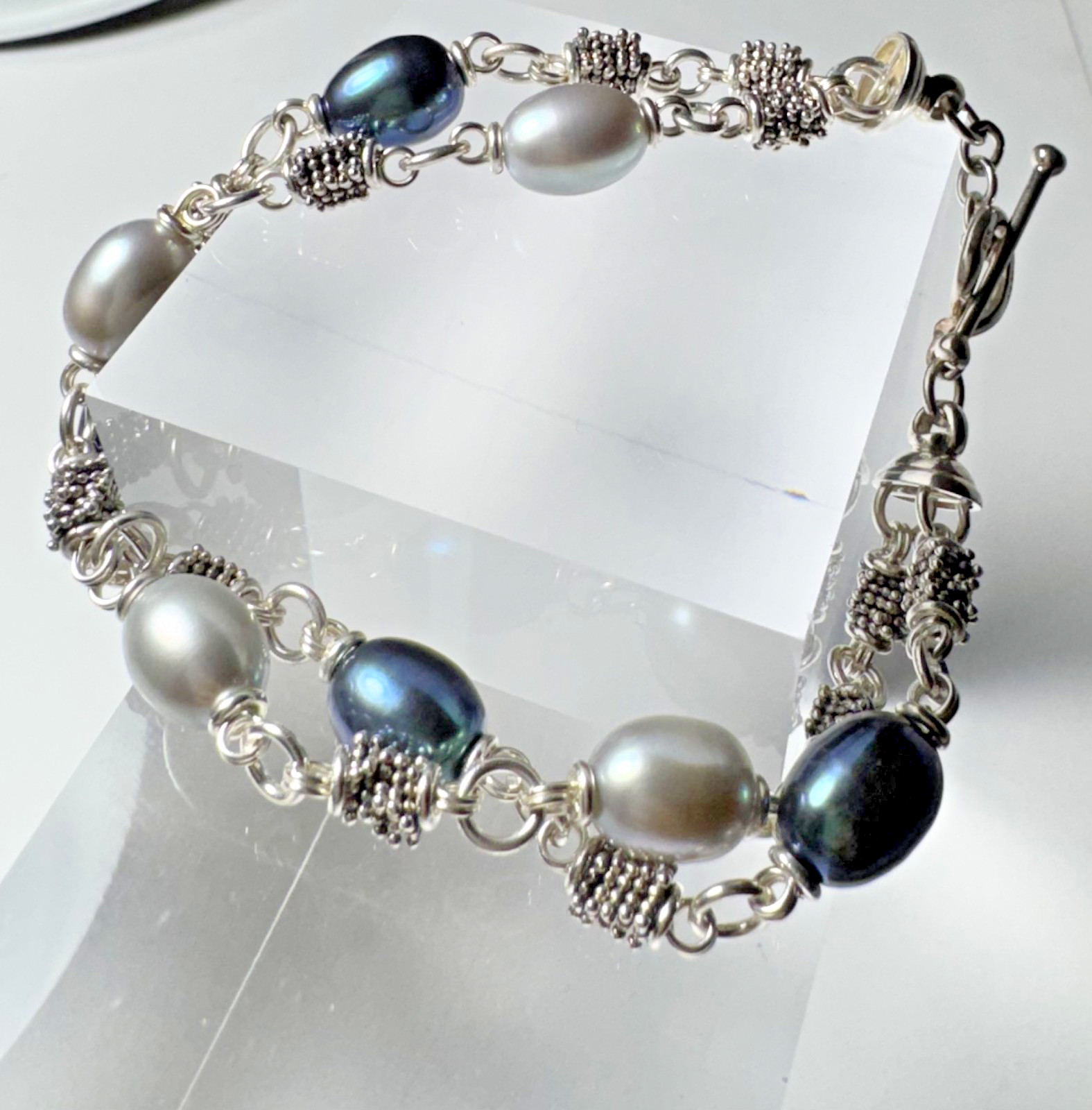 Michael Dawkins Sterling Silver 925 Gray Black Pearl Double-Strand Bracelet 7.5