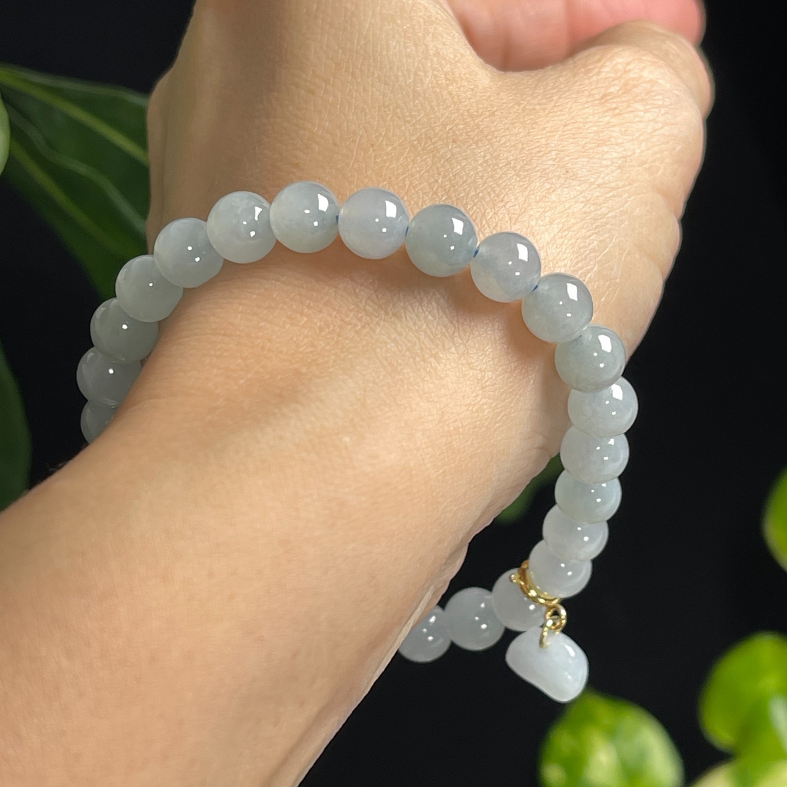 Certified Natural Jadeite Skyblue Beads Bracelet With Apple Charm 0302