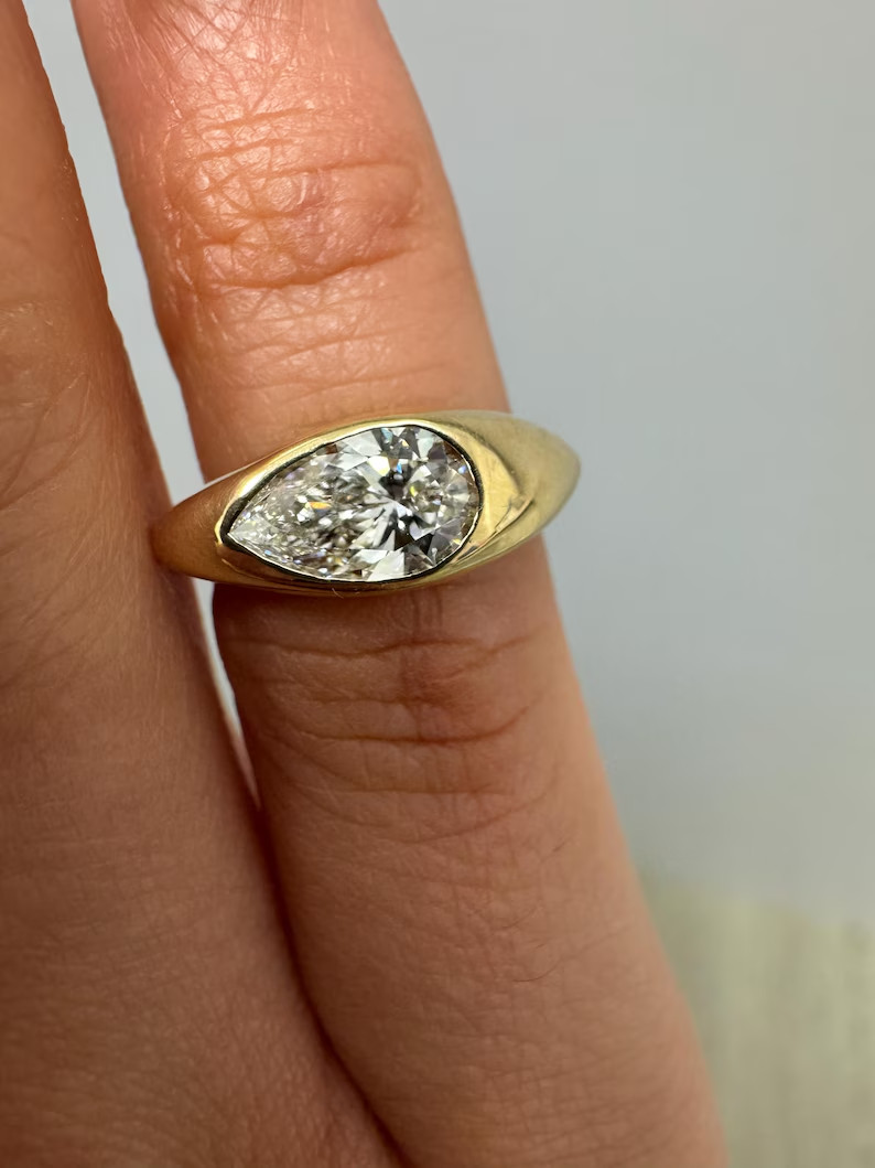 IGI 1.50Ct Pear-Cut EF/VS1 Lab Grown Diamond Bezel Wedding Ring 14K Yellow Gold