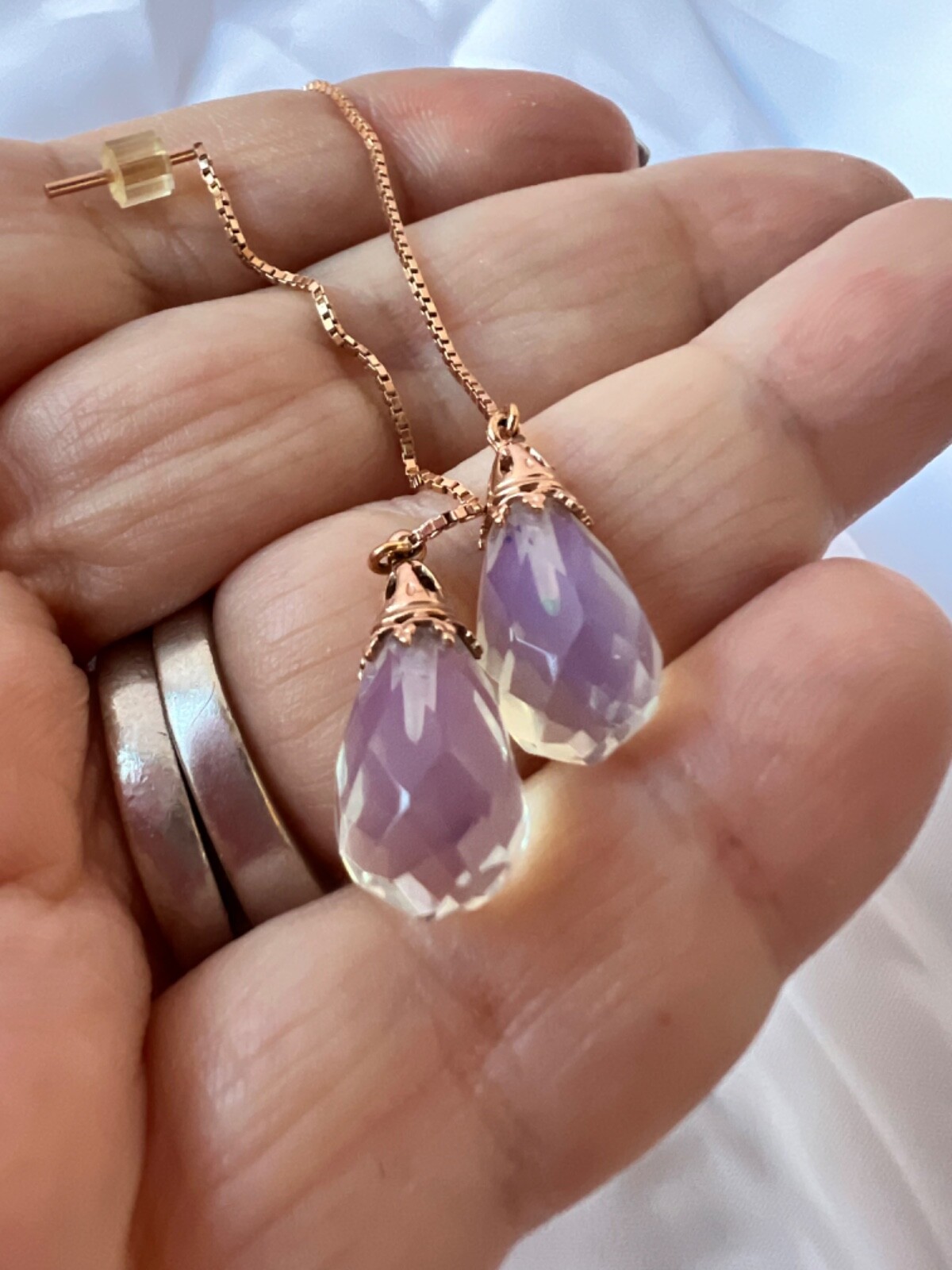 14K PINK ROSE GOLD MOONSTONE THREADER PULL THROUGH CHAIN DANGLE DROP EARRINGS