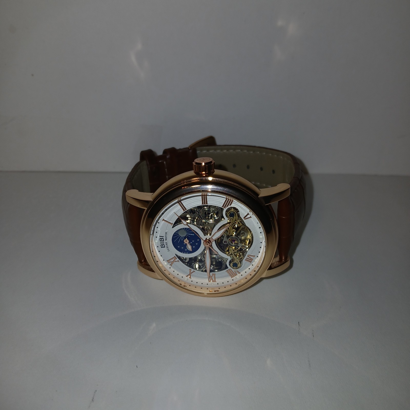 ​BiBi Automatic Watch Skeleton Mechanical Rose Gold Case Brown Leather Moonphase